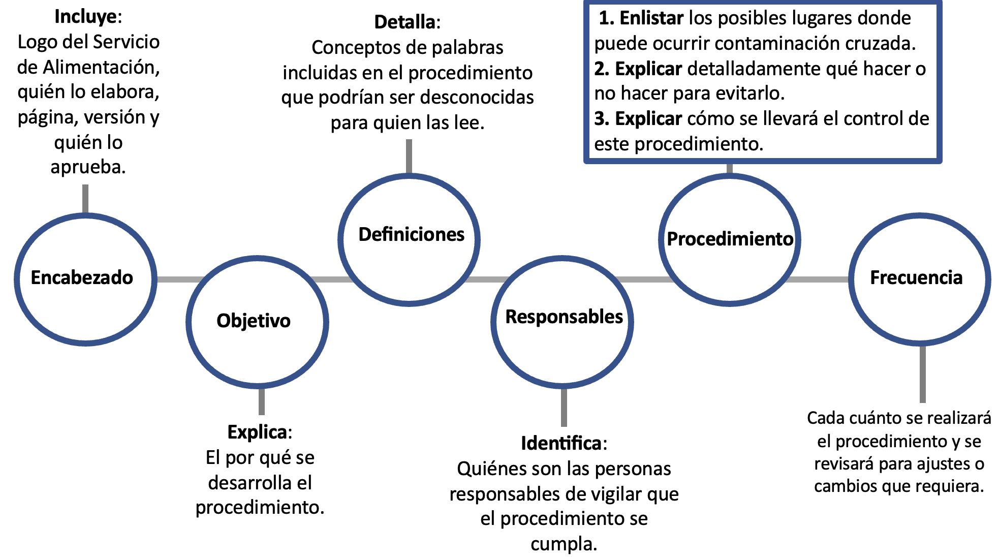 Encabezado: Incluye:  Logo del Servicio de Alimentación, quien lo elabora, página, versión y quien lo aprueba. Objetivo: Explica:  El por qué se desarrolla el procedimiento. Definiciones: Detalla:  Conceptos de palabras incluidas en el procedimiento que podrían ser desconocidas para quien las lee. Responsables: Identifica:  Quienes son las personas encargadas de vigilar que el procedimiento se cumpla. Procedimiento: 1. Enlistar los posibles lugares donde puede ocurrir contaminación cruzada. 2. Explicar detalladamente que hacer o no hacer para evitarlo.  3. Explicar como se llevará el control de este procedimiento. Frecuencia: Cada cuanto se realizará el procedimiento y se revisará para ajustes o cambios que requiera.