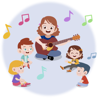 En esta imagen hay una asistente para la PME cantando con una guitarra junto con dos niñas y dos niños.