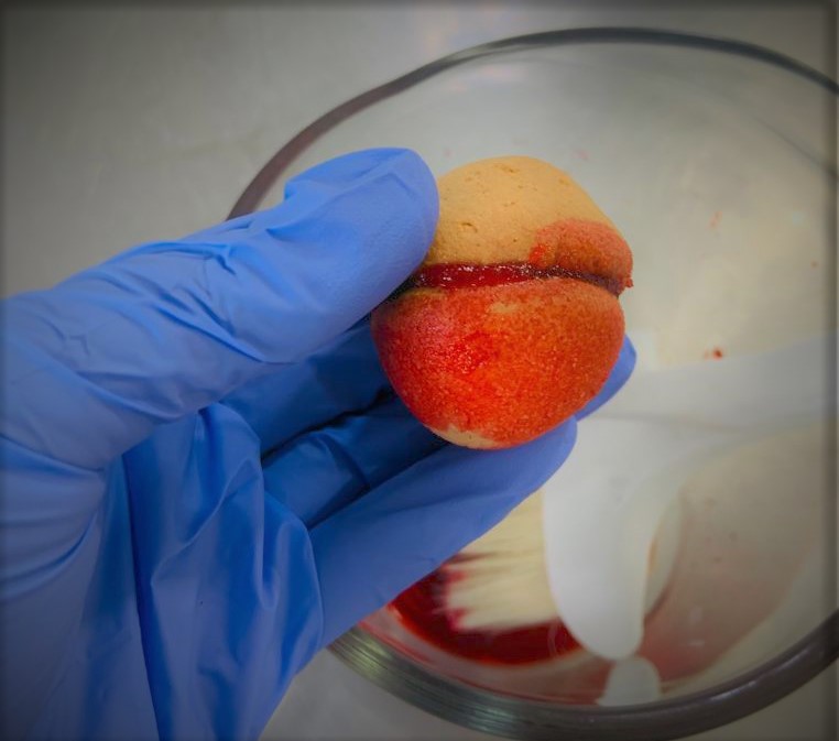 Se observa una mano con guante,  Pintando dos galletas unidas con mermelada con colorante diluido  y una brocha.