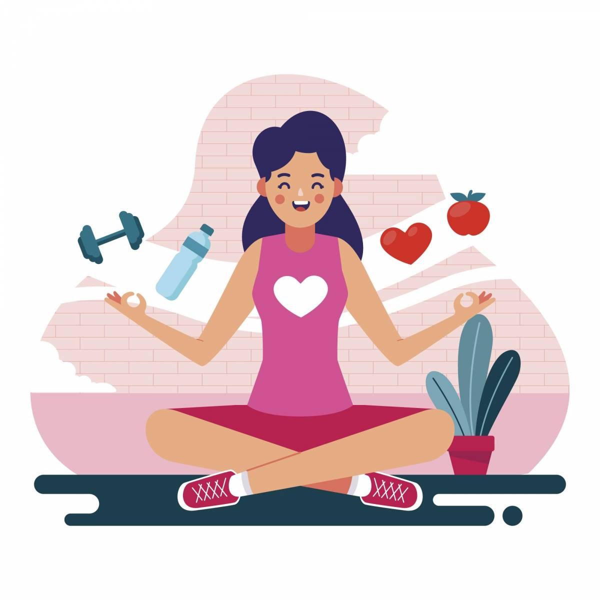Dibujo de mujer sentada en suelo con camisa de manga corta y corazón en el centro. Imágenes de mancuerna, agua, frutas.