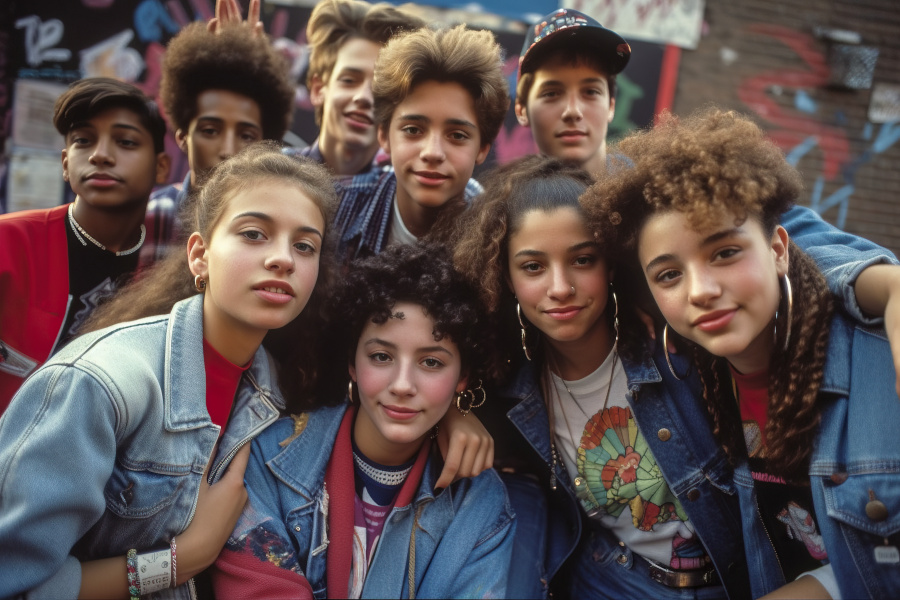 estudiantes vestidos con moda de los 80 posan para una foto